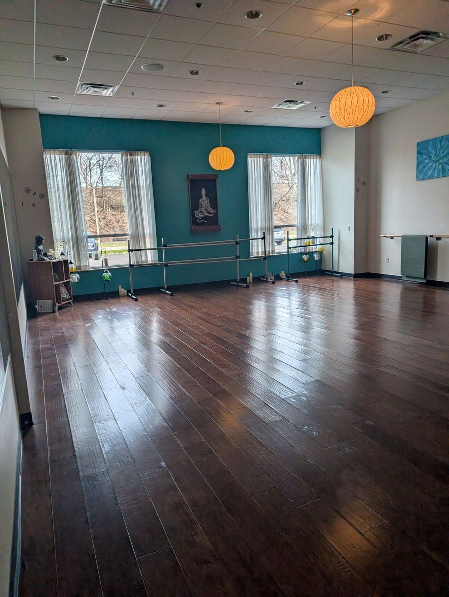 The sunlit VIVE yoga and mind-body studio with wood floors